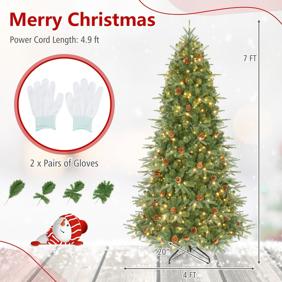 Artificial Christmas Tree with LED Lights and Pine Cones-7' view 5