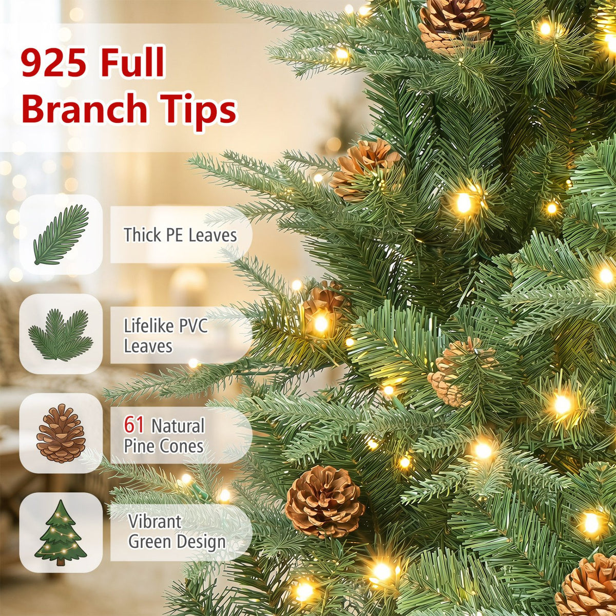 Artificial Christmas Tree with LED Lights and Pine Cones-7' view 7