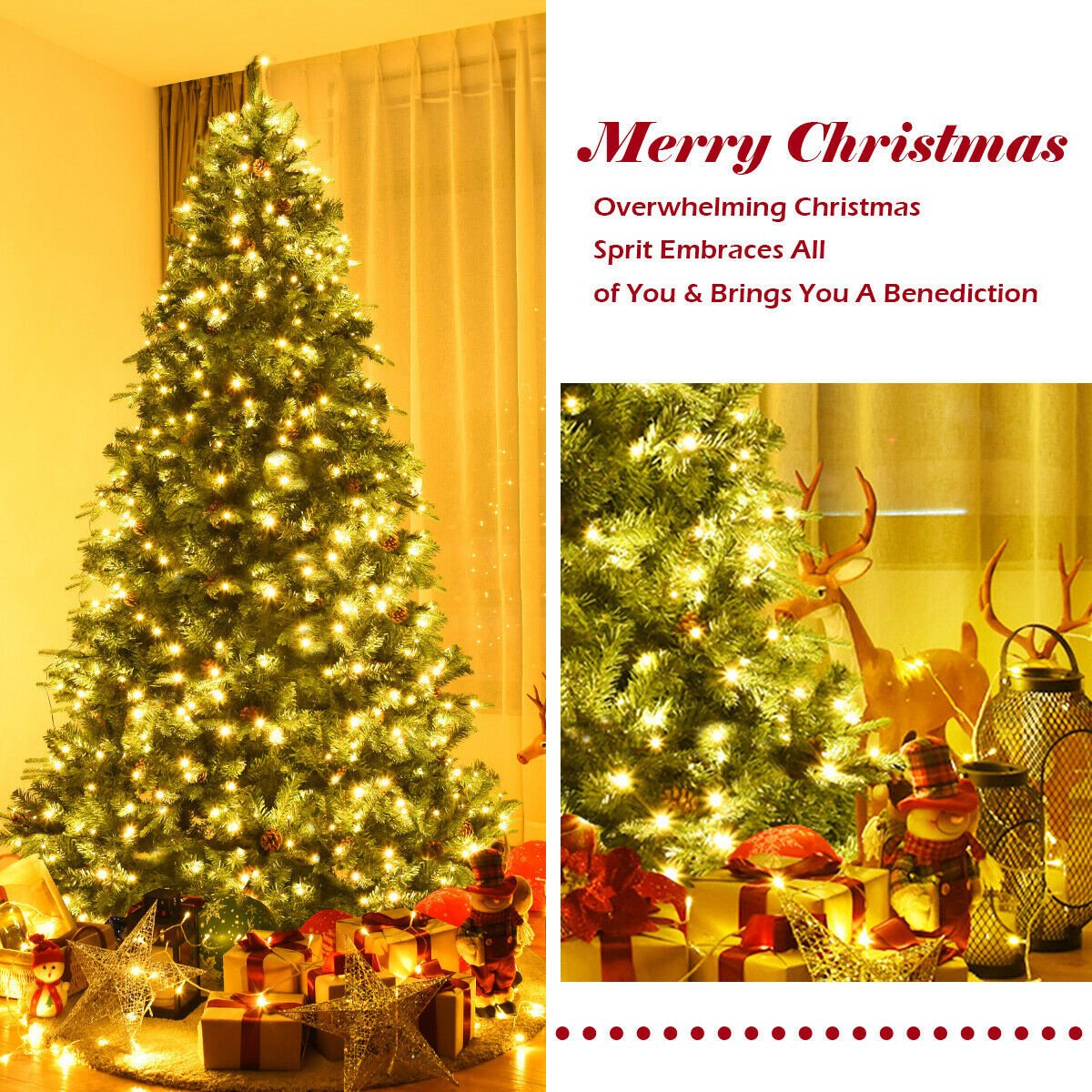 Flocked Artificial Christmas Tree with LED Lights and Pine Cones-8ft view 6