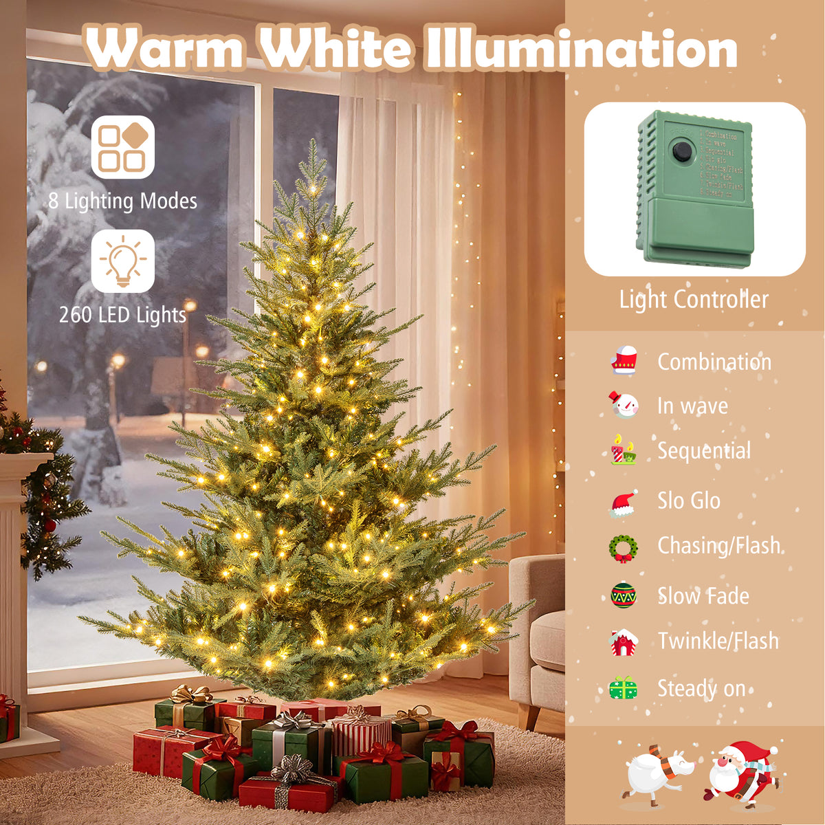Artificial Christmas Tree with Branch Tips and Warm White LED Lights-6 Feet view 8