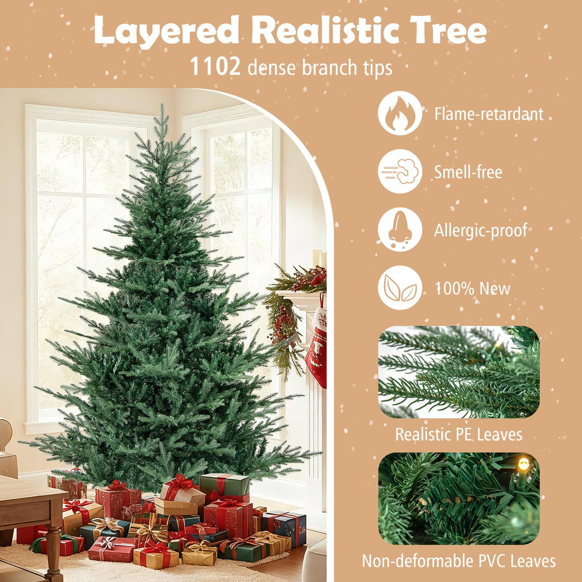 Artificial Christmas Tree with Branch Tips and Warm White LED Lights-7 Feet view 9