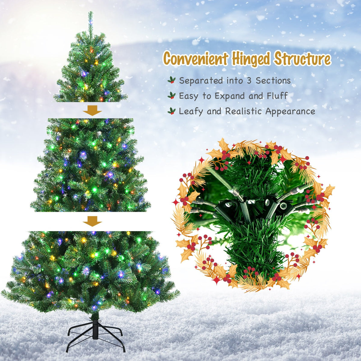 Artificial Hinged Christmas Tree with Remote-controlled Color-changing LED Lights-8' view 7