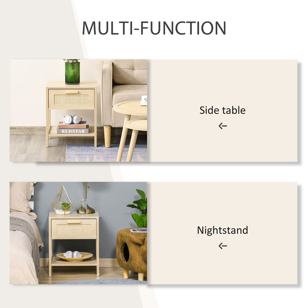 Narrow Nightstand with Rattan Elements, Bedside Table with Drawer and Storage Shelf for Bedroom, Natural – view 6
