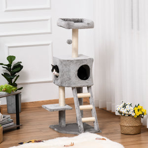 47" Tall Cat Tree Tower with Condo, Ladder, Scratching Posts and Hanging Ball, Light Grey – view 6
