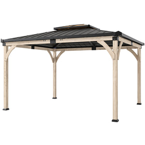 12' x 14' Hardtop Gazebo Canopy with Galvanized Steel Roof, Wood Frame, Double Roof Outdoor Gazebo, Light Walnut