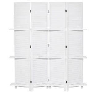 4-Panel Wall Partition Room Separator with 3 Storage Shelves Foldable Design Wooden Frame 5.6FT White