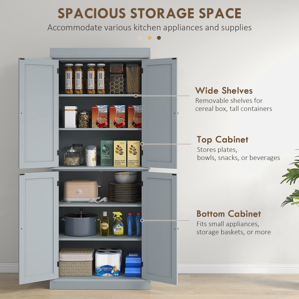 72.5" Freestanding Kitchen Pantry Cabinet with 4 Doors, Grey