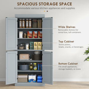 72.5" Freestanding Kitchen Pantry Cabinet with 4 Doors, Grey
