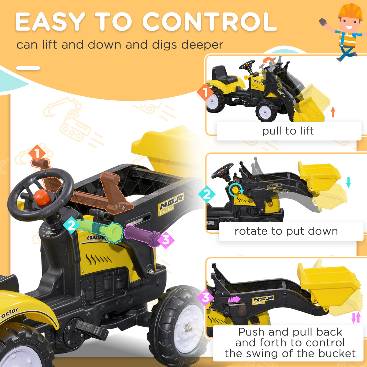 Aosom Ride on Tractor for Kids, Pedal Construction Car with Front Loader Digger for 3 Years Old, Yellow