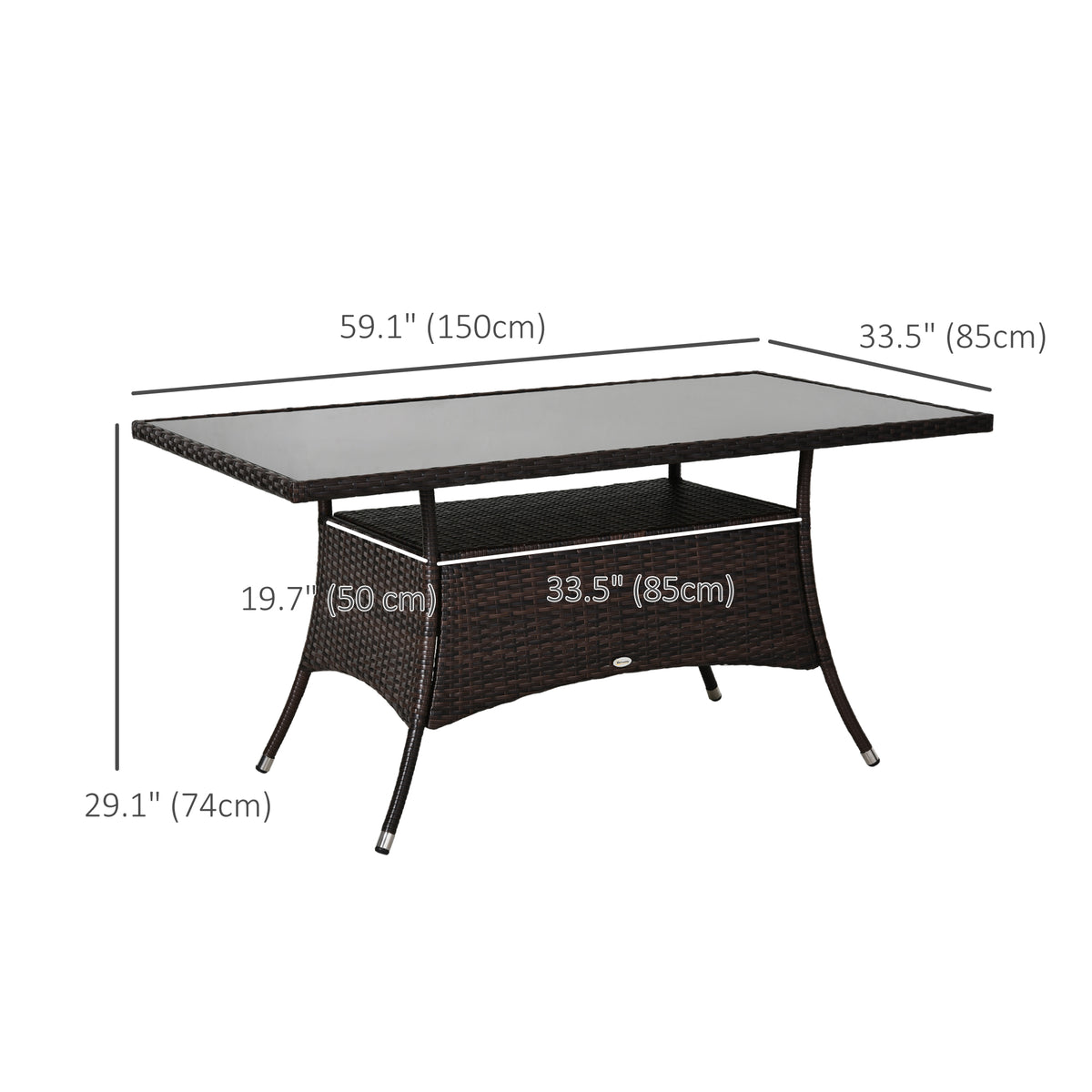 Garden Dining Table, Patio Rattan Dining Table with Glass Top, Storage Shelf for Yard, 59" x 34" x 29", Brown