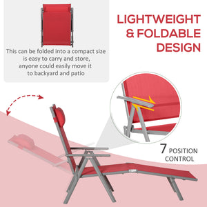 Outdoor Folding Chaise Lounge Chair Steel Portable Recliner with 7 Adjustable Backrest Positions, Red
