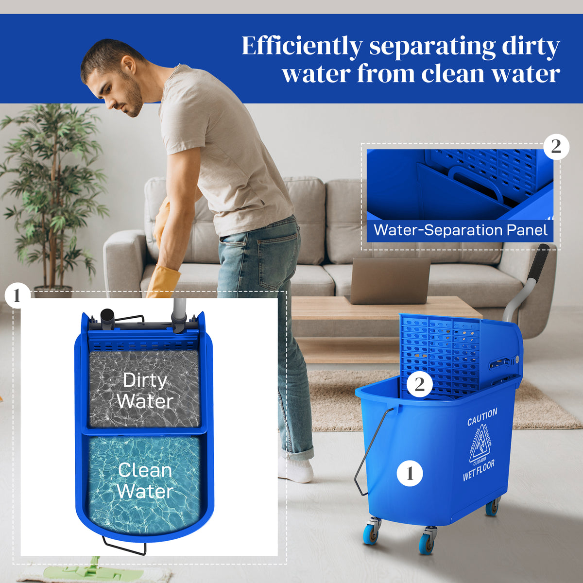 Compact Mop Bucket with Wringer, Mop Bucket on Wheels, 5 Gallon, Separate Dirty and Clean Water, Yellow – view 18
