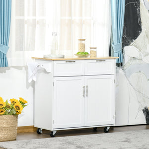 Rolling Kitchen Island with Storage Drawers, Kitchen Cart with Rubber Wood Top, Cabinet & Towel Rack, White – view 9