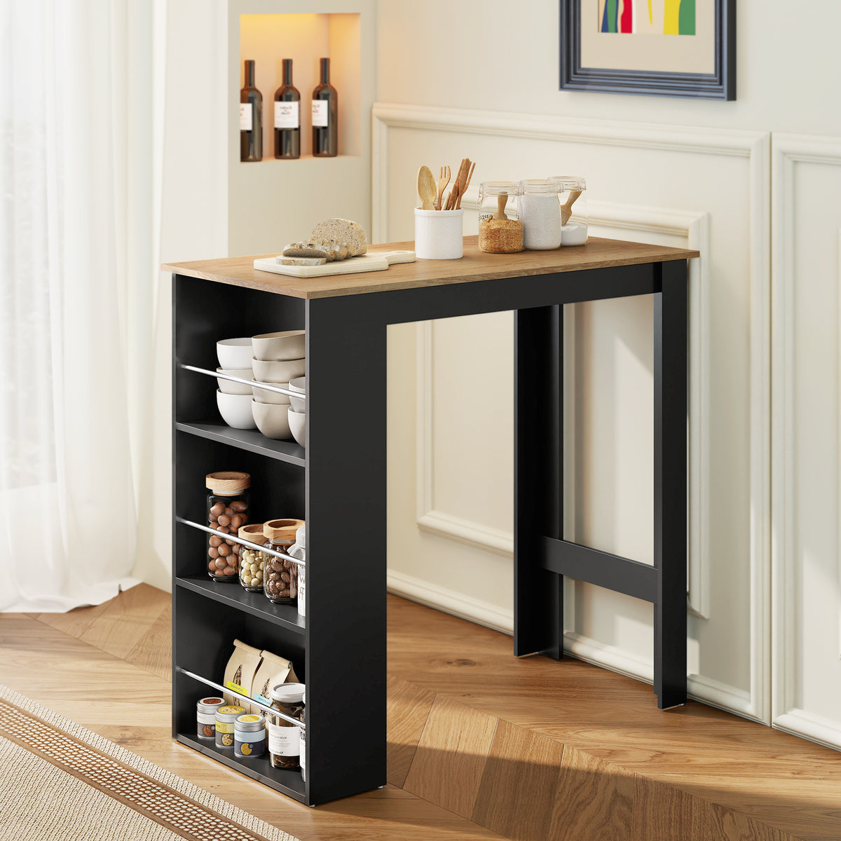 Bar Table Counter Height Dining Table with 3 Storage Shelves for Kitchen, Dining Room, Living Room, Natural