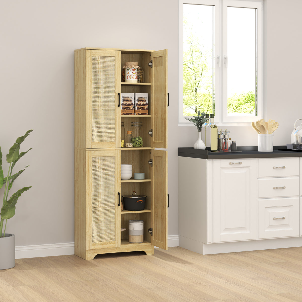 67" Tall Kitchen Pantry, Freestanding Kitchen Storage Cabinet with 4 Rattan Doors and Adjustable Shelves – view 7