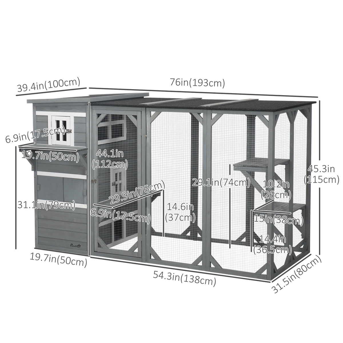 Wooden Cat Catio, 76"L Walk in Outdoor Cat House with Asphalt Roof, Platforms, Lockable Doors – view 2