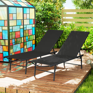 2 Pieces Folding Outdoor Lounge Chairs, Reclining Chaise Lounge Tanning Chair w/ Adjustable Back, Mesh Seat, Black