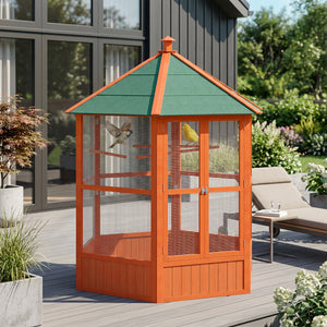 70"H Wooden Bird Cage Hexagonal Outdoor Aviary with Doors