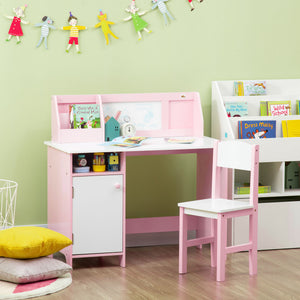Qaba 2Pcs Kids Desk and Chair Set with Whiteboard, Storage, Shelves