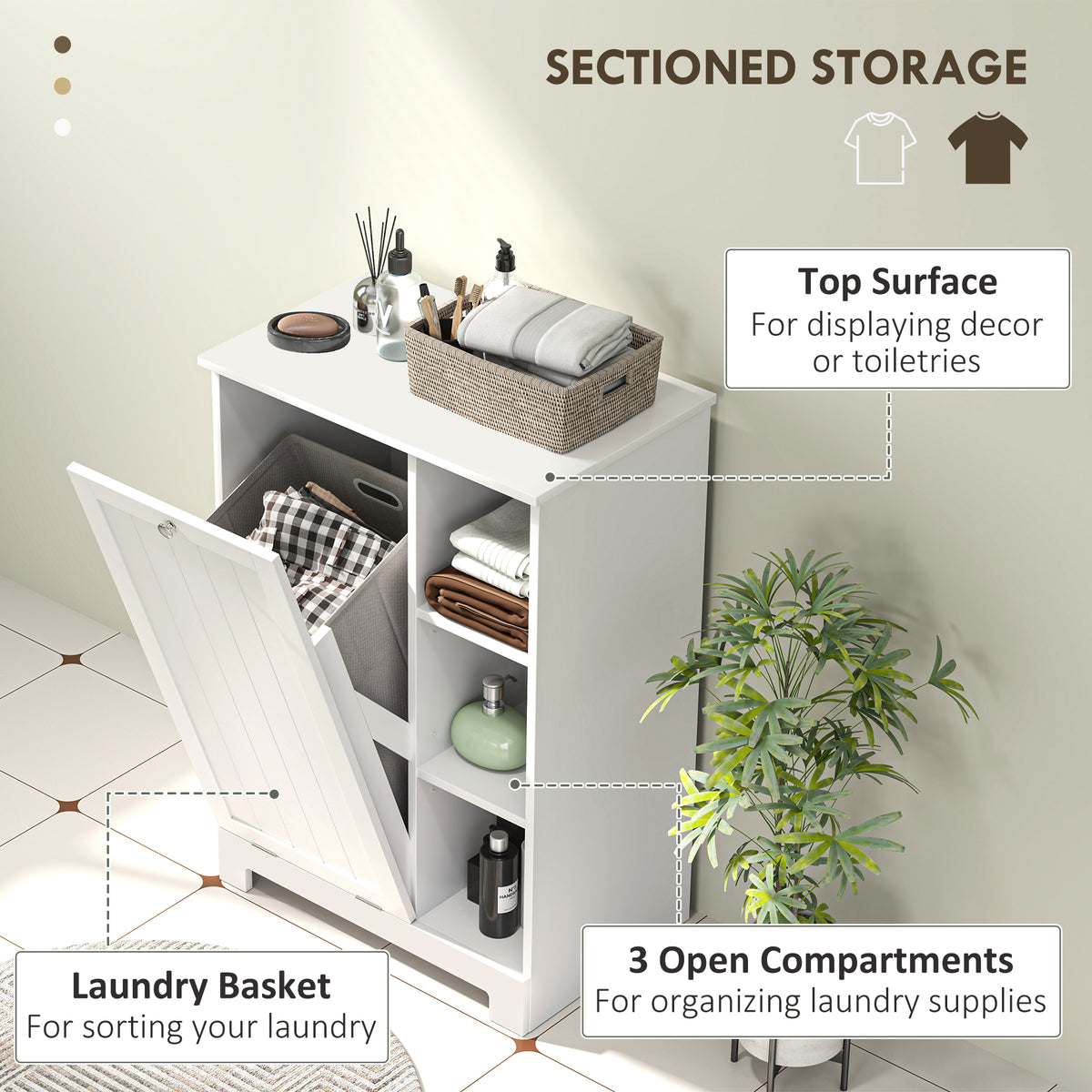 Laundry Cabinet with Removable Basket, Tilt Out Laundry Hamper with Adjustable Shelf and Open Compartments, White