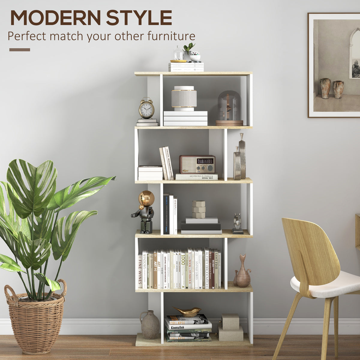 5-Tier Bookshelf, Geometric S Shaped Bookcase, Tall Narrow Display Shelf for for Living Room, Study Room – view 4