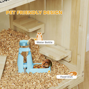 28"L Wooden Hamster Cage with Seesaw, Water Bottle, Food Dish, Hut, Transparent Panel for Easy Observe, Nature Wood