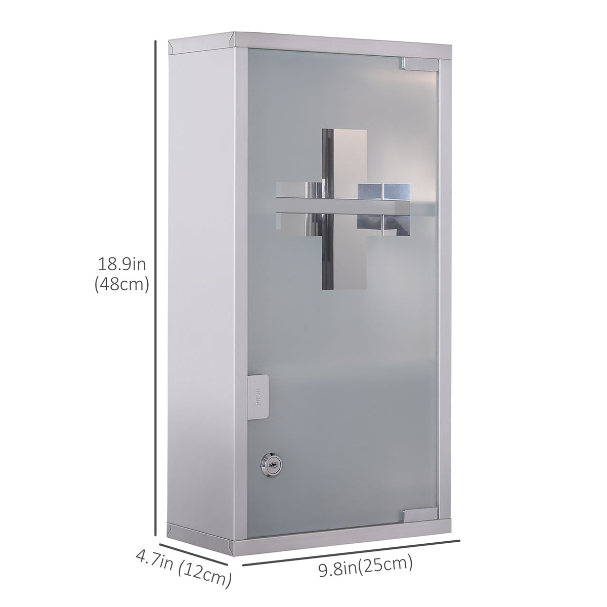 Wall Mount Medicine Cabinet, Bathroom Cabinet with 3 Tier Shelves, Stainless Steel Frame and Glass Door, Lockable with 2 Keys, Silver, 12" x 23.5"
