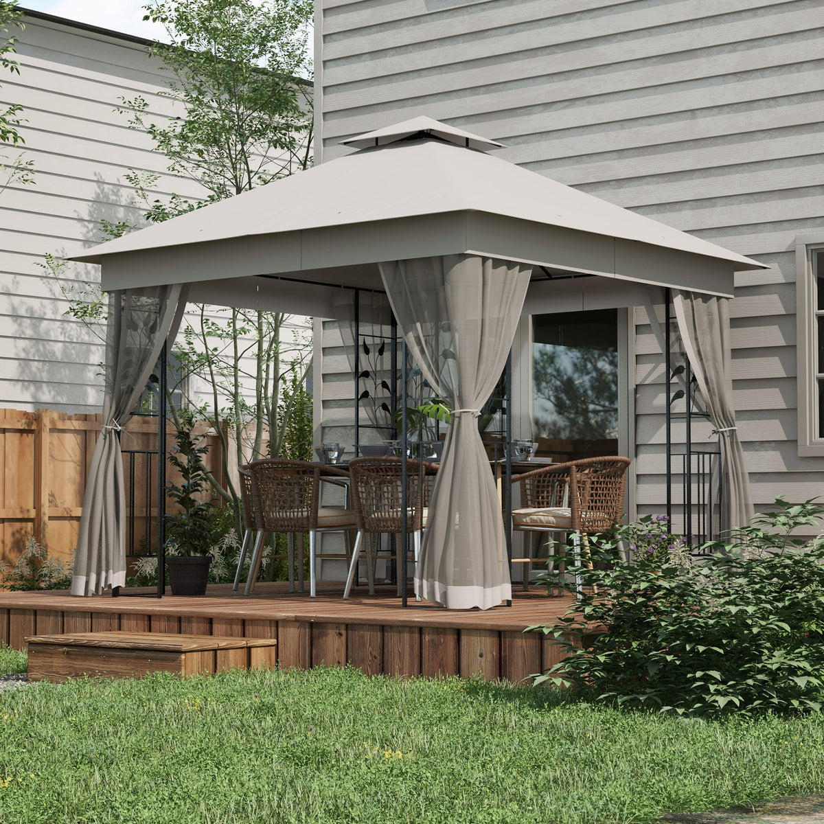 10'x10' Soft-top Steel Patio Gazebo Outdoor Sun Shelter with 2-Tier Polyester Roof, Curtain Sidewalls, Beige – view 42