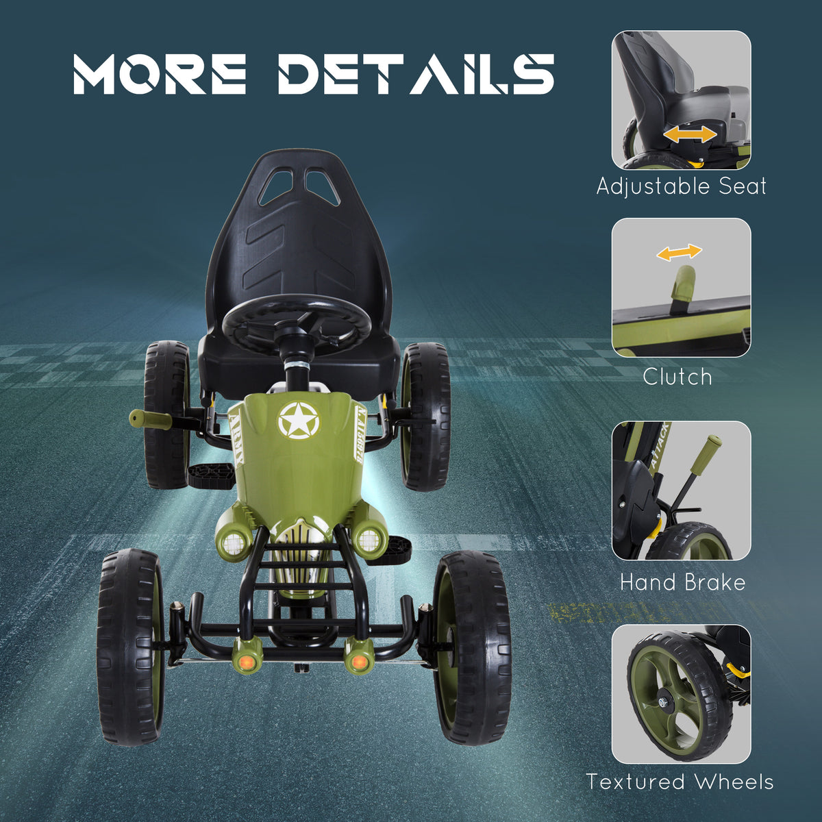 Aosom Pedal Go Kart with Adjustable Seat, EVA Tyres, Safety Handbrake, for Ages 3-6 Years Old, Green