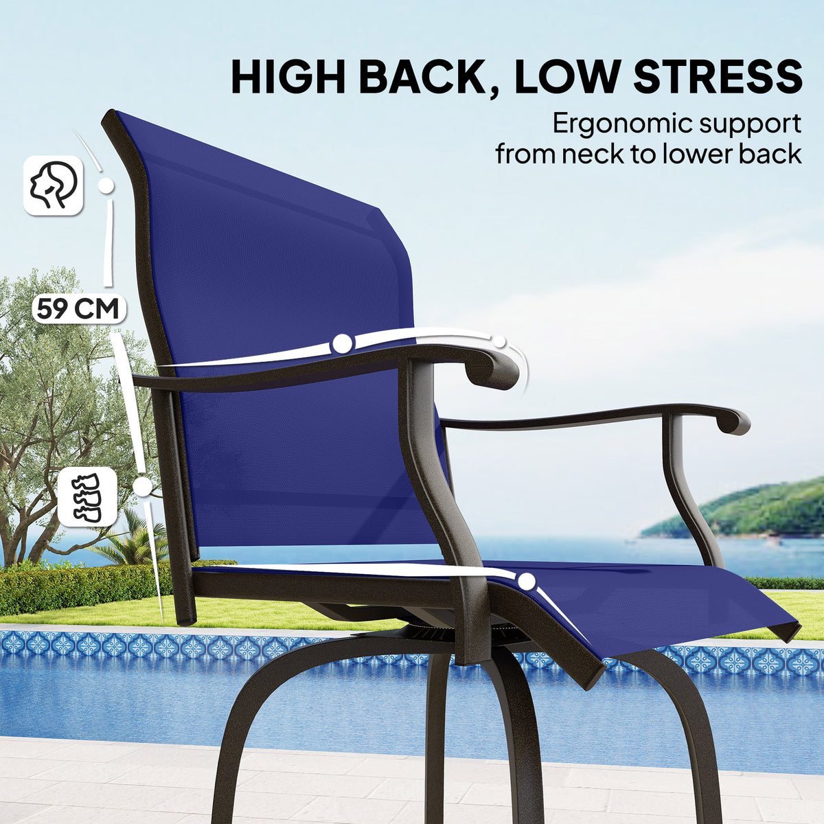 Outdoor Bar Stools Set of 2, Swivel Bar Height Chairs with High Back, Curved Armrests and Steel Frame, Black – view 12