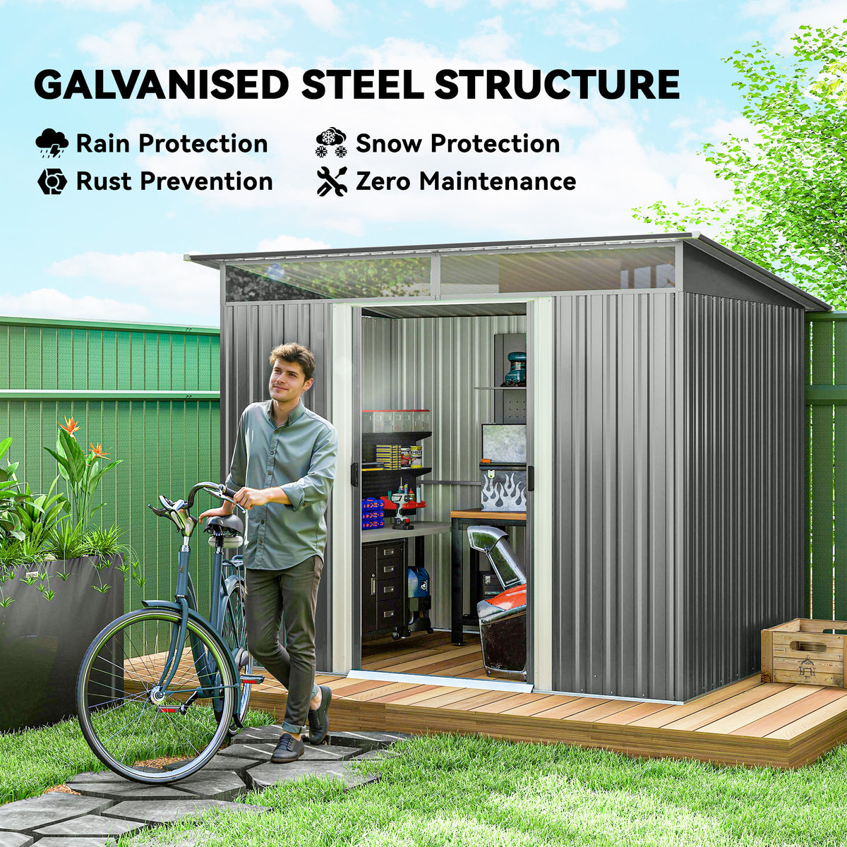 8.5' x 6' Small Gardening Shed Lockable Steel Utility Storage Outdoor Backyard Garden for Gardeners, Grey – view 17