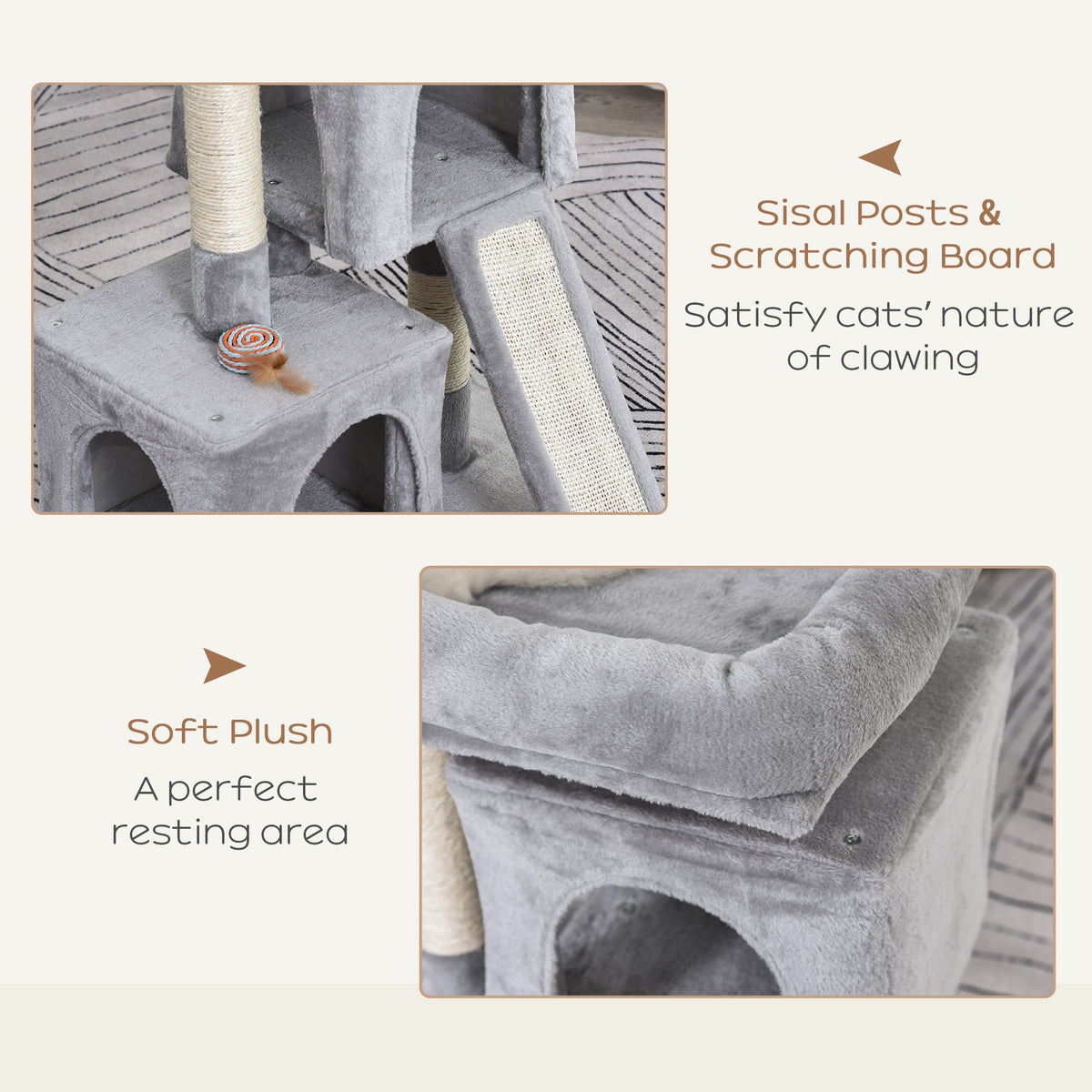 Plush Cat Tree Tower Activity Center with Sisal Scratching Post Scratching Board Perch Condo, Light Grey