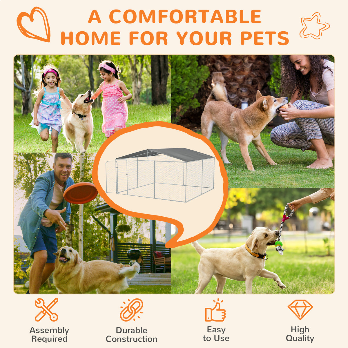 Dog Kennel Outdoor, Heavy Duty Playpen with Secure Lock, Cover, for Backyard & Patio, 13.1' x 7.5' x 7.5'