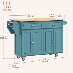 Kitchen Island with Storage, Rolling Kitchen Island with Drop Leaf, Rubber Wood Top and Adjustable Shelves, Light Blue