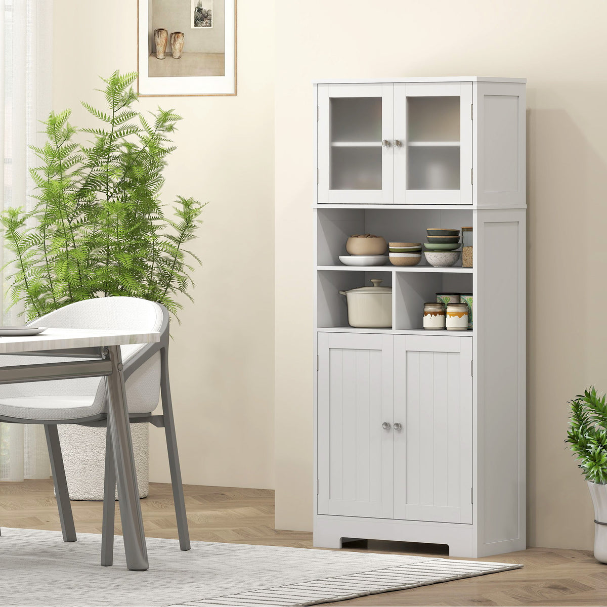 57" Kitchen Pantry, Freestanding Pantry Storage Cabinet with Glass Doors, Adjustable Shelves, Open Compartments, White