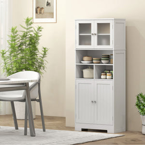 57" Kitchen Pantry, Freestanding Pantry Storage Cabinet with Glass Doors, Adjustable Shelves, Open Compartments, White