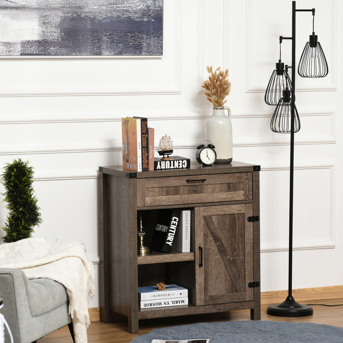 Rustic Barn Door Storage Cabinet Modern Farmhouse Buffet Sideboard for Kitchen & Dining Room Dark Oak – view 7