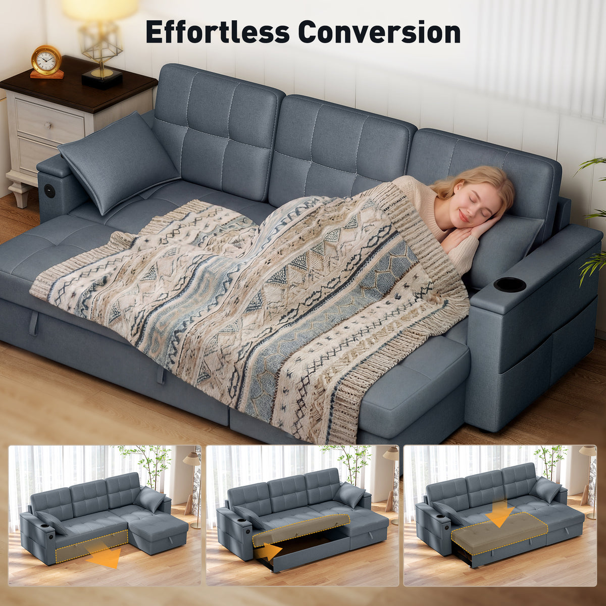 Convertible Sectional Sofa Bed, Pull Out Sleeper Sofa Couch with USB‑A+C, Chaise Storage – view 10