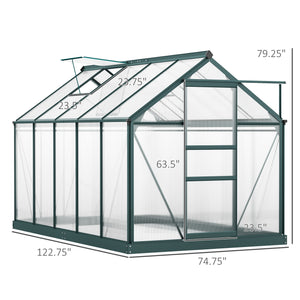 6' x 10' x 6.6' Polycarbonate Greenhouse, Walk-In Green House Kit Garden, Plants Grow, Galvanized Sheet Aluminum Frame with Rain Gutter, Vents and Sliding Door, Green