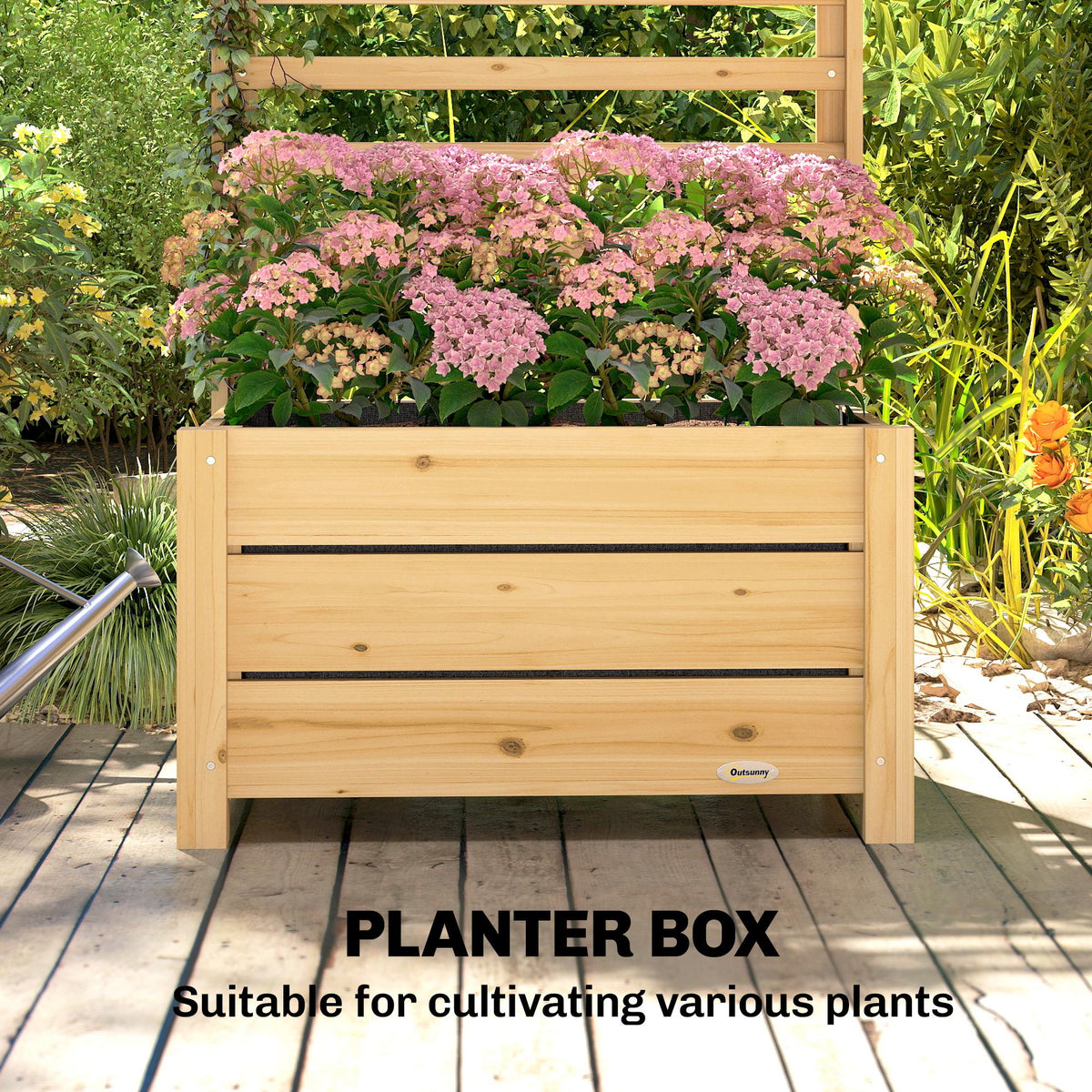 Wooden Raised Garden Bed with Trellis, Outdoor Elevated Planter Box with Drainage Hole and Bed Liner