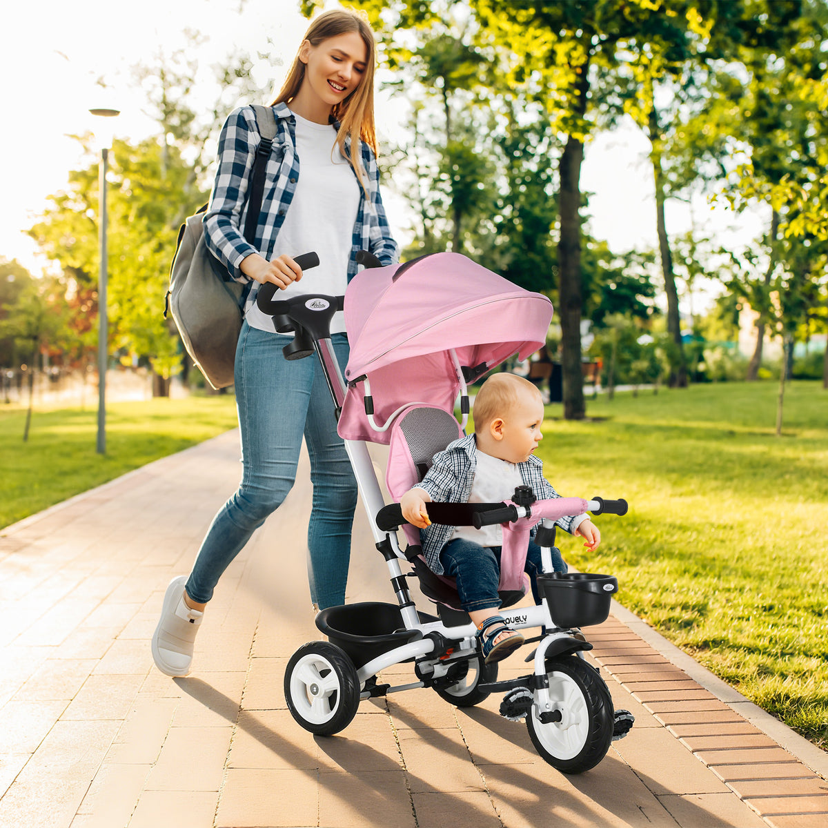 Qaba 6 in 1 Toddler Tricycle with Parent Push Handle, Canopy, Storage Baskets, Cupholder, Dark
