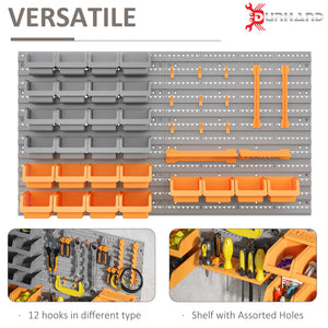 44PC Wall Mounted Storage Bins Parts Rack Kit with Storage Bins, Pegboard and Hooks, Garage Plastic Organizer, Orange