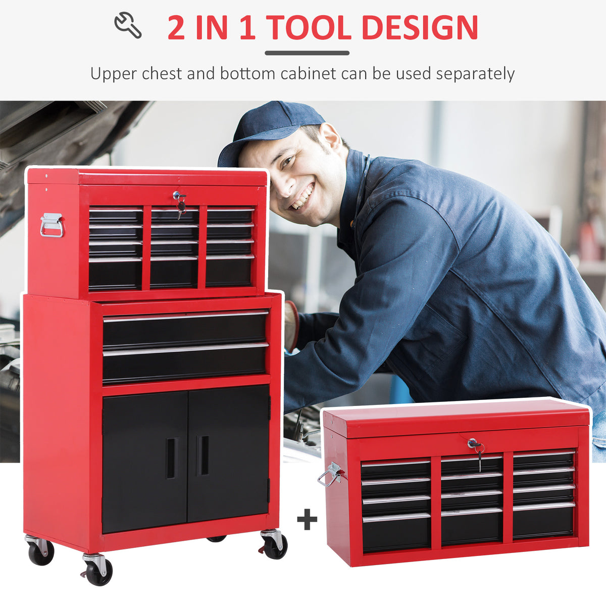 6-Drawer Rolling Tool Chest, 2 in 1 Lockable Storage Cabinet with Hooks, Metal Tool Box for Garage – view 17