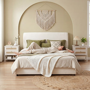 Set of 2 Boho Bedside Tables, Rattan Nightstands with 2 Drawers, Storage Shelf, End Side Tables for Bedroom, White Oak