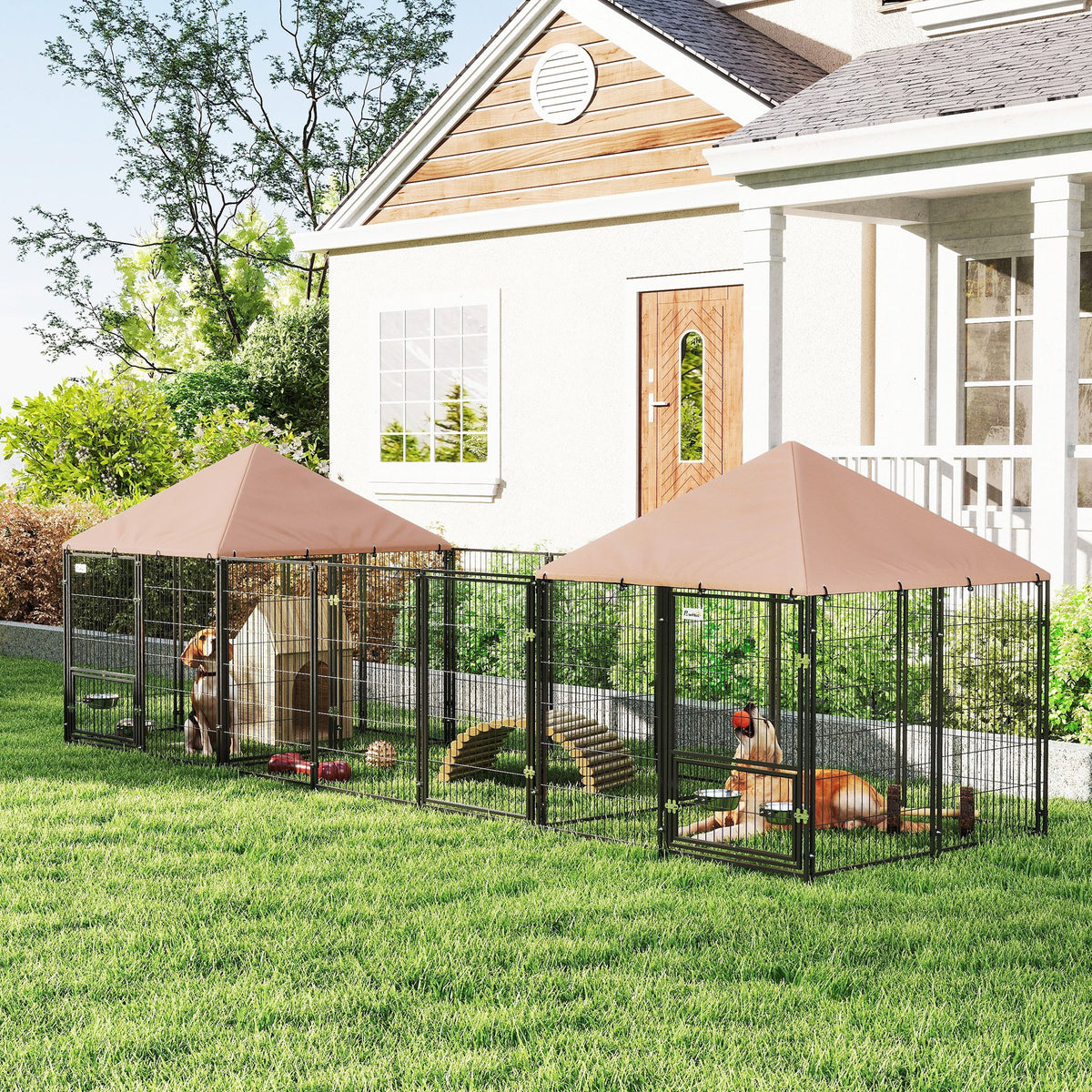 Outdoor Dog Kennel with 2 Rooms, Rotating & Adjustable Height Bowls, Waterproof UV-Resistant Cover, 16.2' x 4.7' x 5.1'