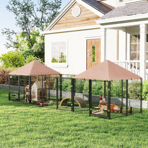 Outdoor Dog Kennel with 2 Rooms, Rotating & Adjustable Height Bowls, Waterproof UV-Resistant Cover, 16.2' x 4.7' x 5.1'