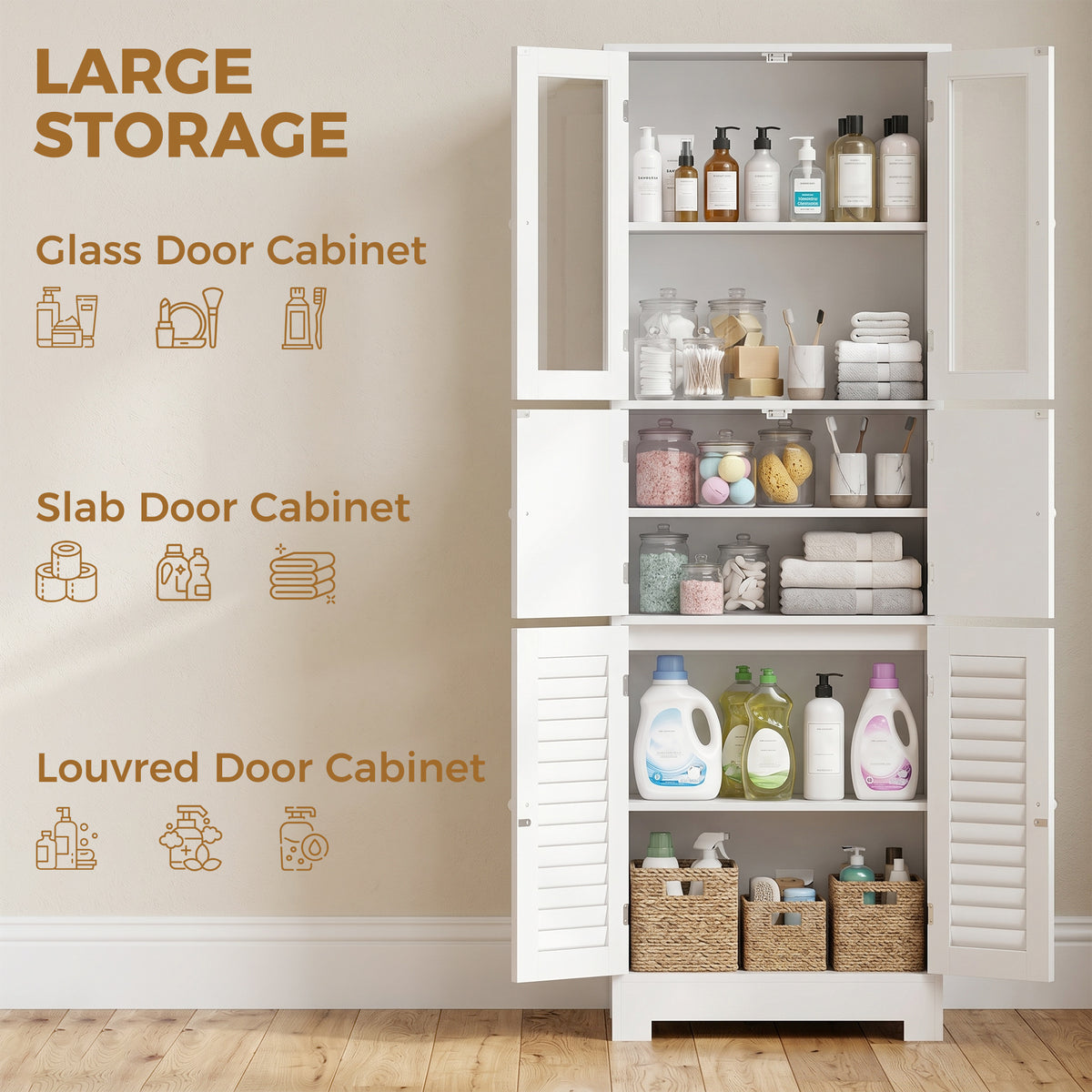 Freestanding Bathroom Cabinet with Glass/Louvred Doors, Tall Bathroom Cabinet for Kitchen, Study, Living Room