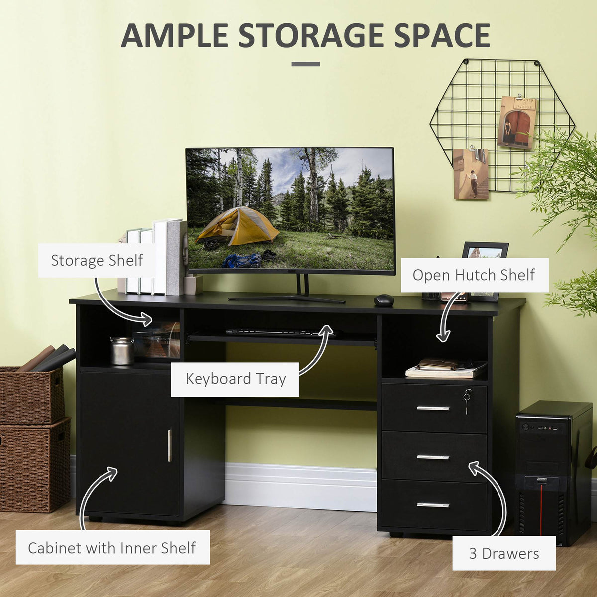 57" Computer Desk with Drawers, Home Office Desk with Keyboard Tray, Open Shelves and Lockable Drawer – view 3