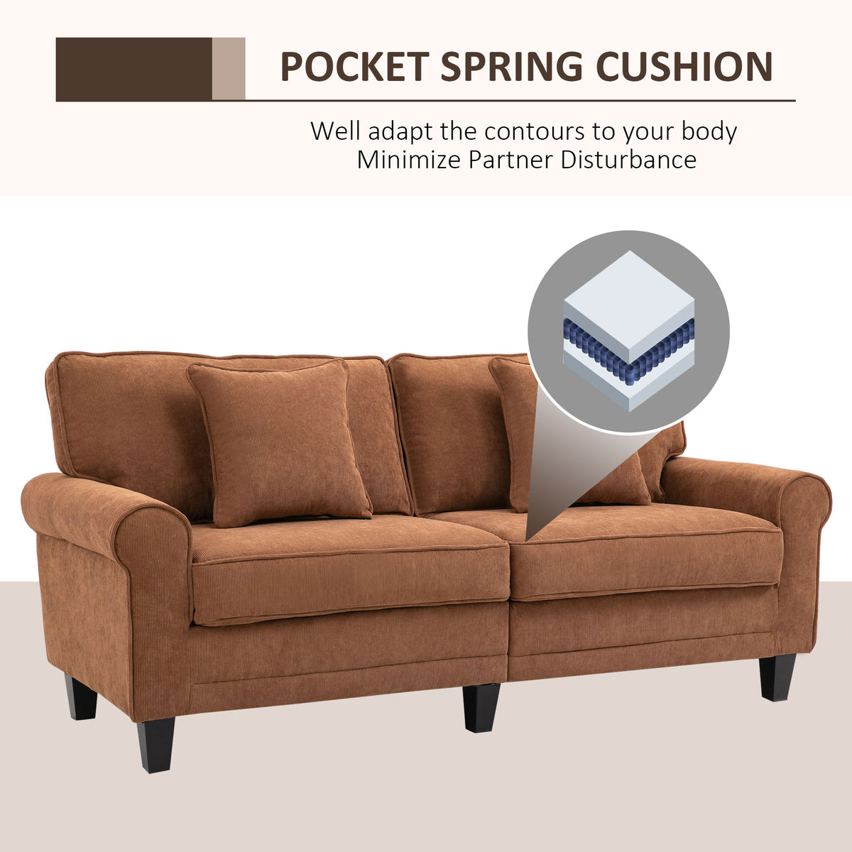 Modern 3 Seater Sofa, Corduroy Fabric 3 Seater Couch with Pine Wood Legs and Rolled Armrests for Living – view 12