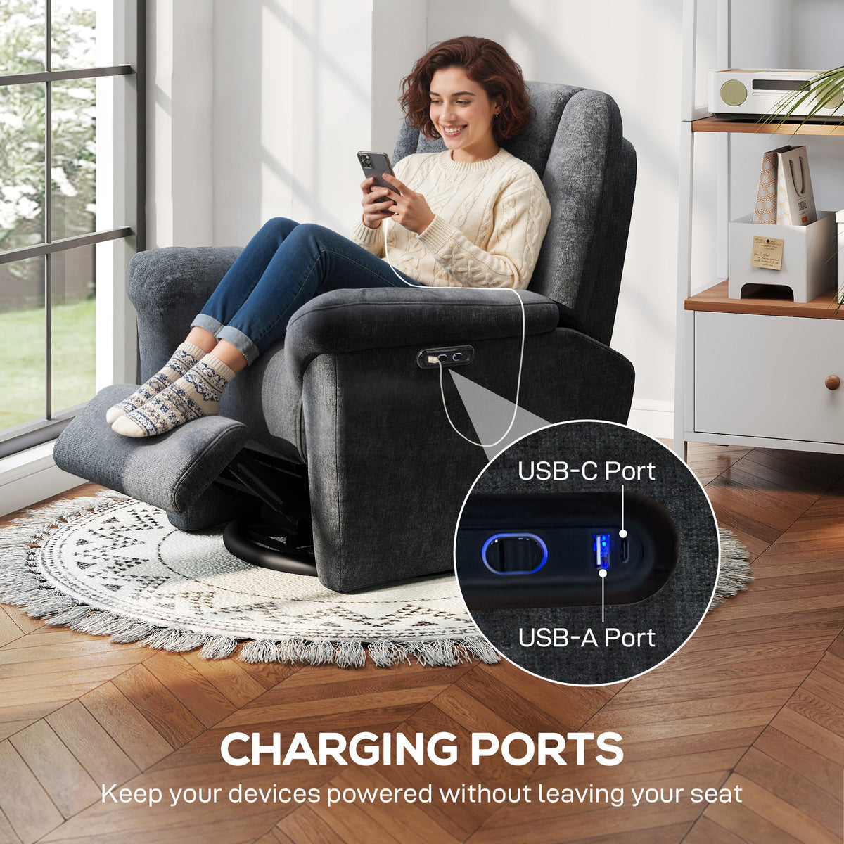 Power Recliner Chair, Fabric Upholstered Recliner Chair with USB Ports, Swivel and Rocking Function – view 13